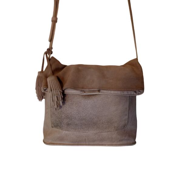 Antik Kraft Handbags - Antik Kraft Suede Beige Gray Tassel Fold-over Crossbody Purse Shoulder Bag